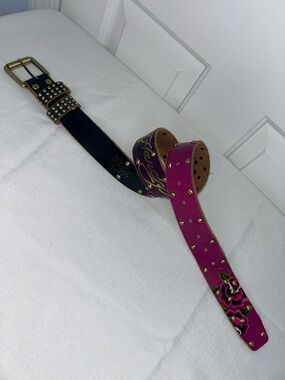 Ed Hardy Purple-Pink Ombre Floral Studded Leather Belt Y2K Vintage